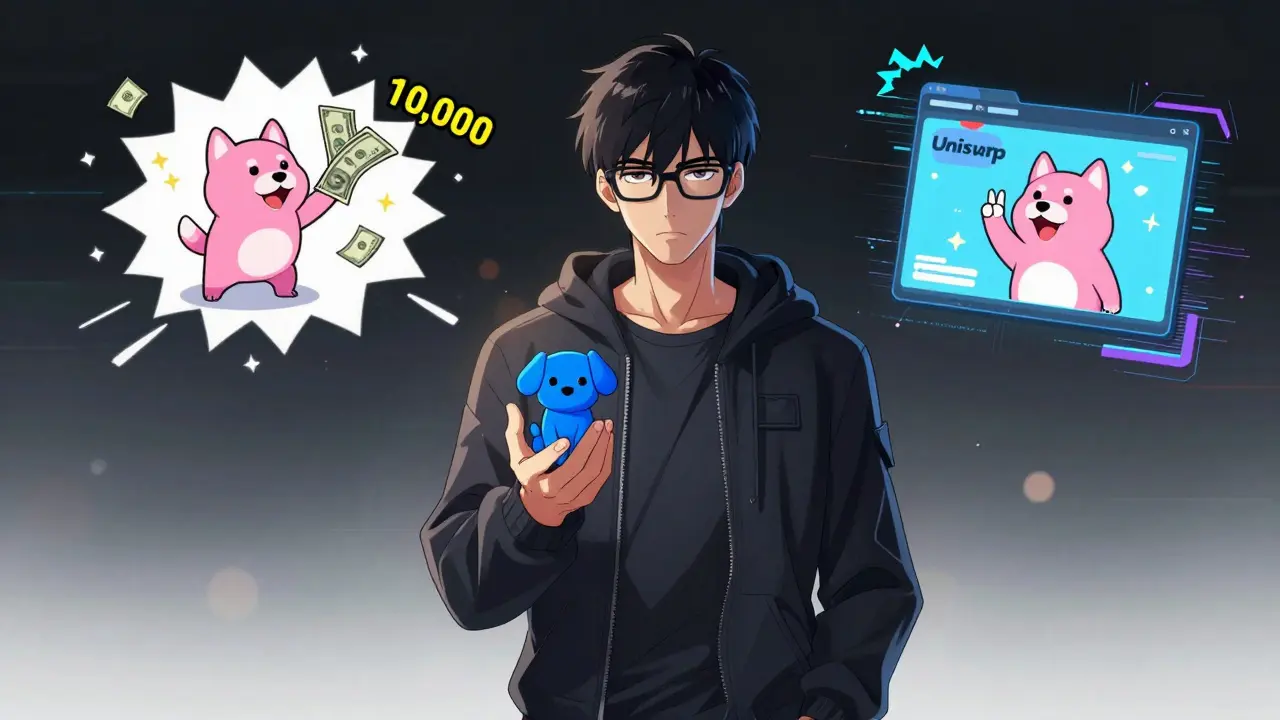 A tech figure holds a blue dog token as cartoon memes of it explode around him in anime style.