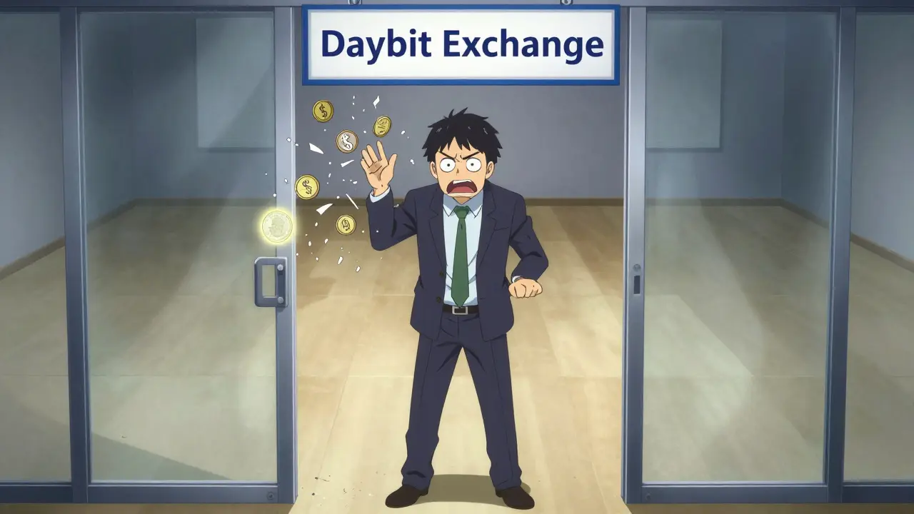 A trader blocked from Daybit Exchange by a glass door, only Korean Won visible on the other side.