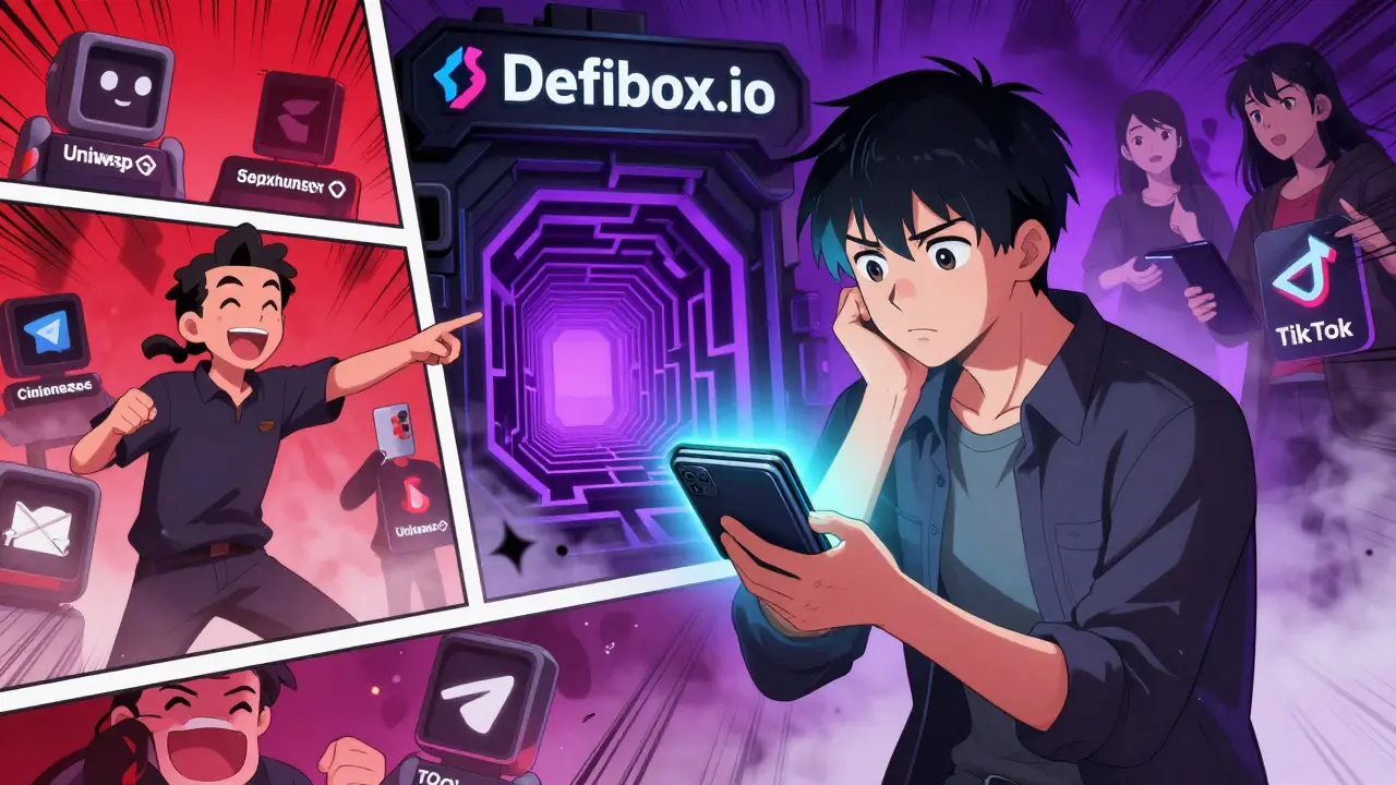 A trader hesitates to connect their wallet to a sinister Defibox portal, while safe exchanges are shown nearby.