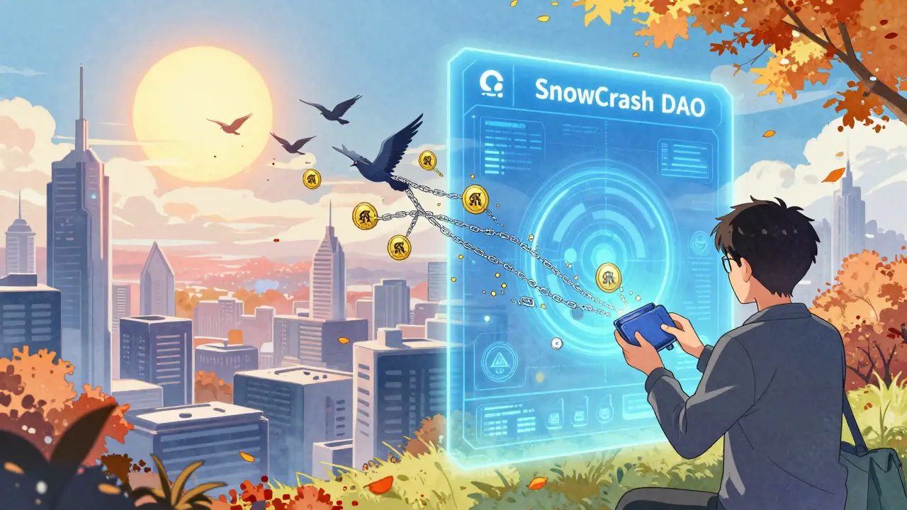 A user connecting their wallet as NORA tokens transform into birds flying toward a sunrise.