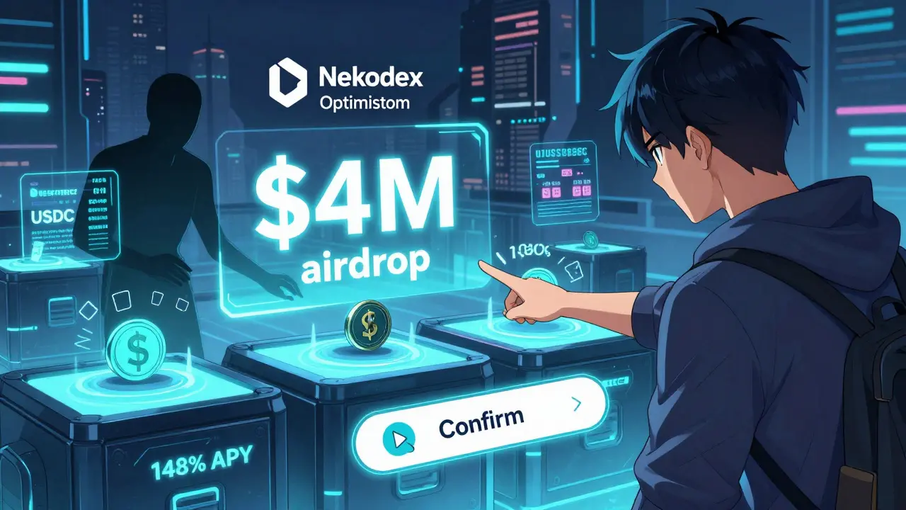 A user depositing USDC into Nekodex vaults with high APY, while a shadowy figure tries to trick them.