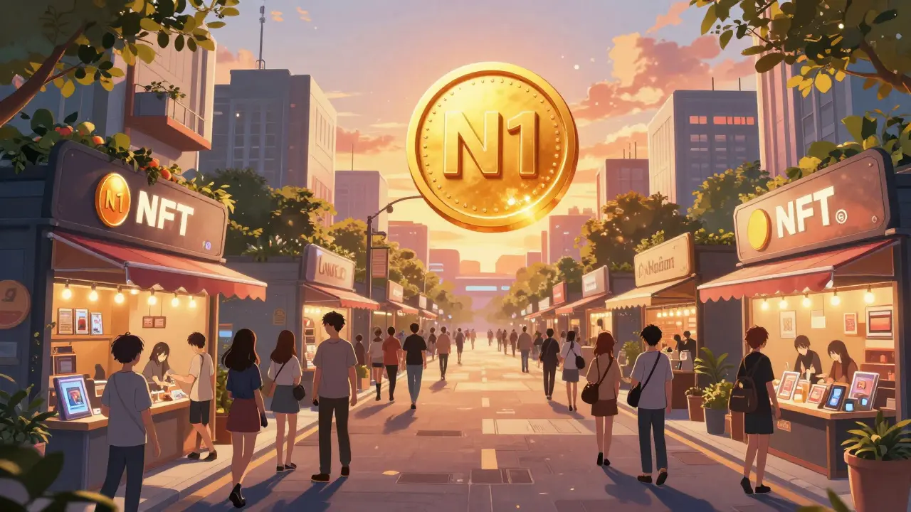 A vibrant digital marketplace with 100 unique NFT stores and buyers trading under a glowing N1 token.