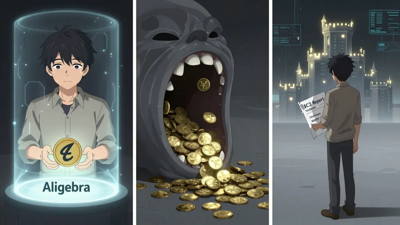 A victim's journey from depositing funds to losing everything, shown in three-panel anime style.