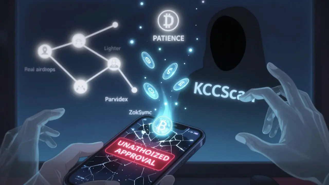 A wallet being drained by a dark contract, while real airdrops like Lighter and zkSync shine as glowing constellations.