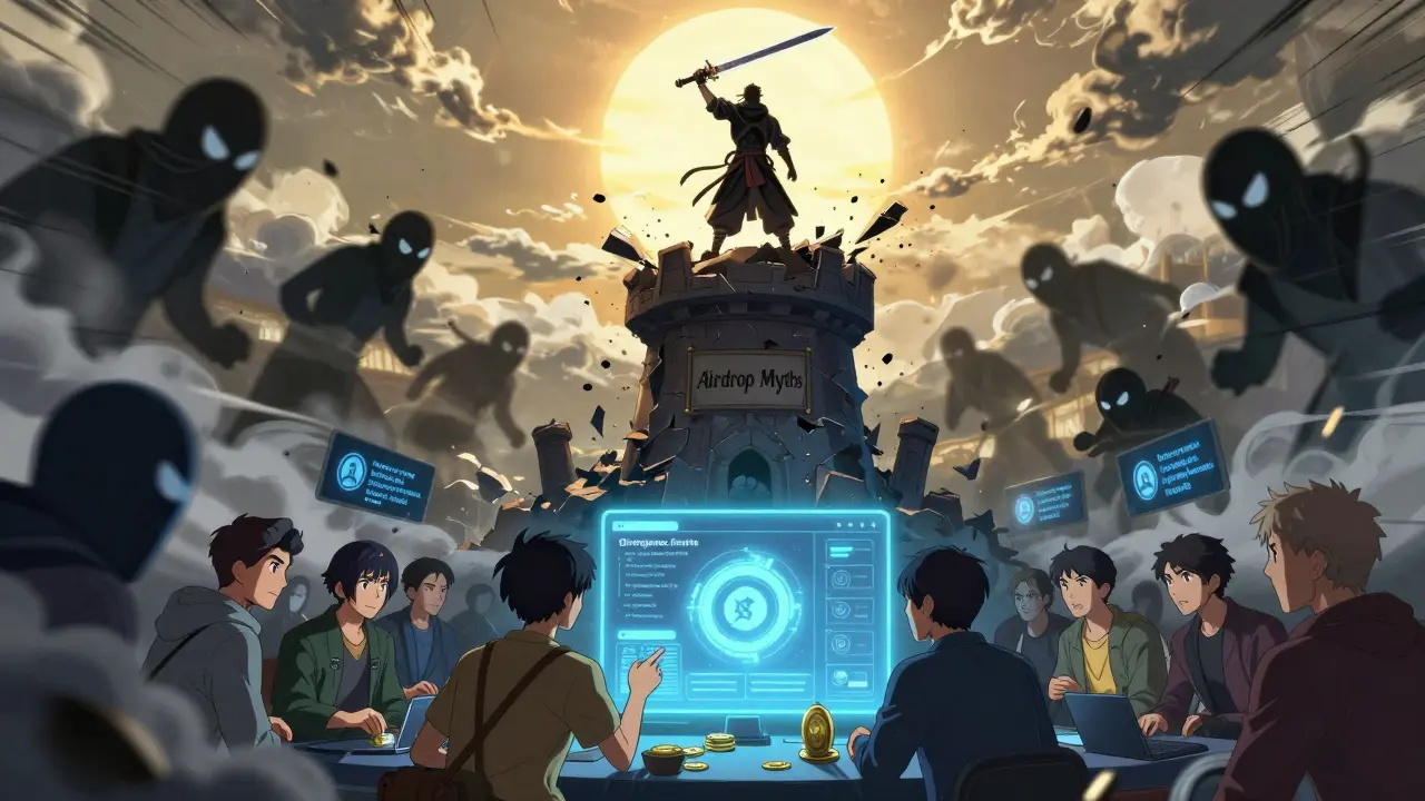 A warrior defeats scammer shadows atop a tower of myths as a community earns DIVER tokens through honest DeFi participation.