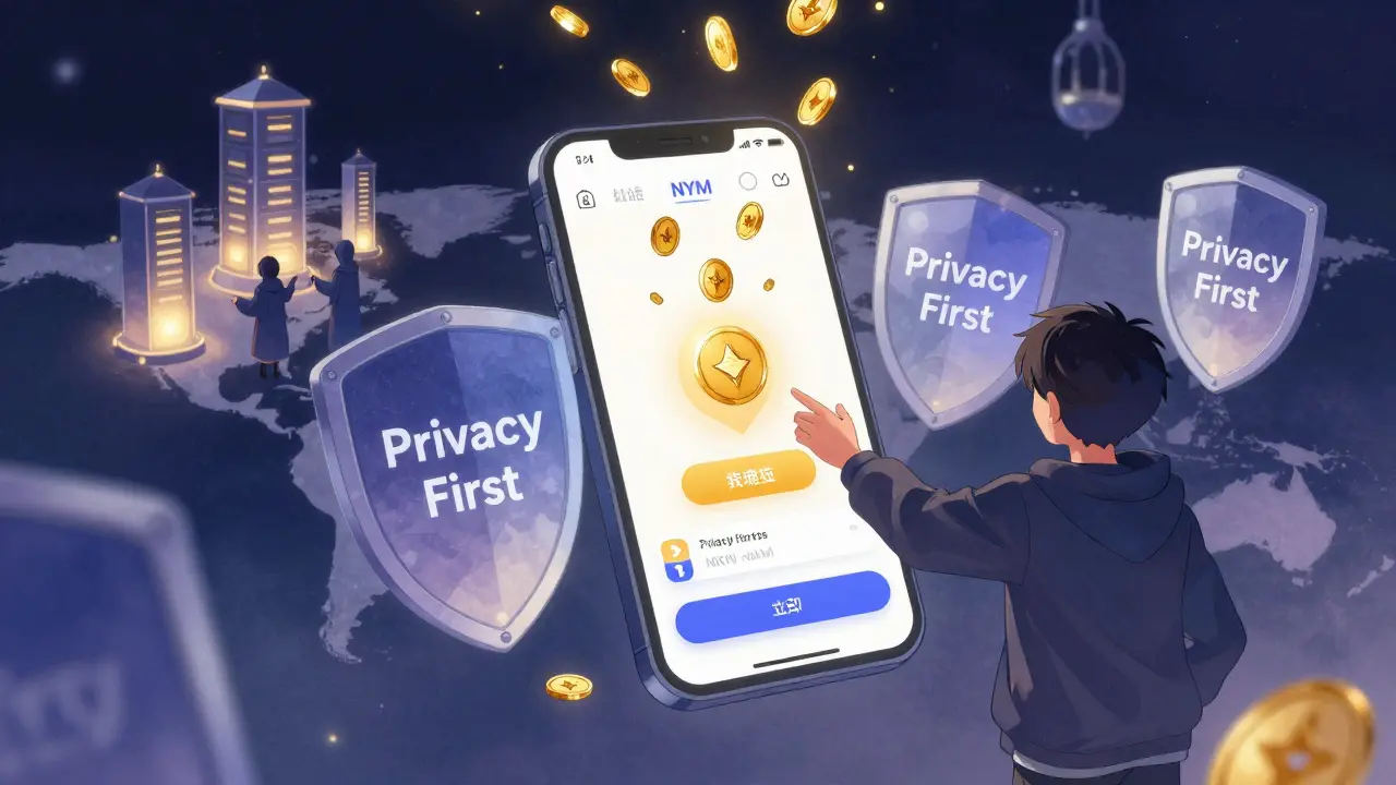 A young person downloading Nym privacy tools as NYM tokens fall, surrounded by global node towers.