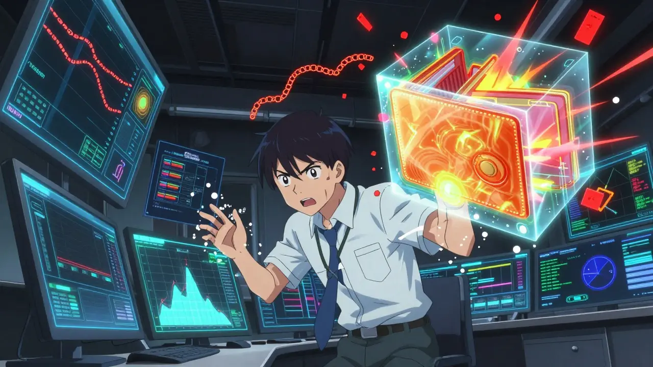 Analyst in high-tech room surrounded by holographic crypto tracing dashboards and animated wallet clusters.