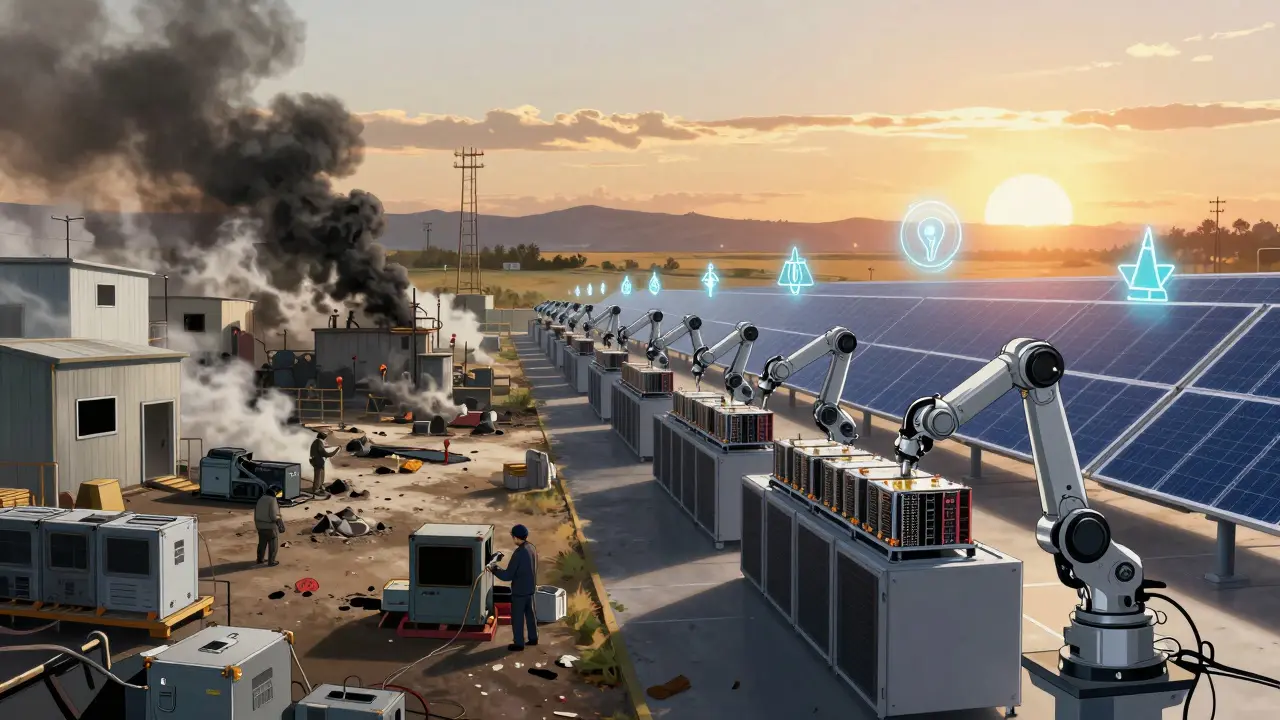 Contrast between chaotic mining shutdown in Kazakhstan and orderly, solar-powered mining in Texas at sunrise.