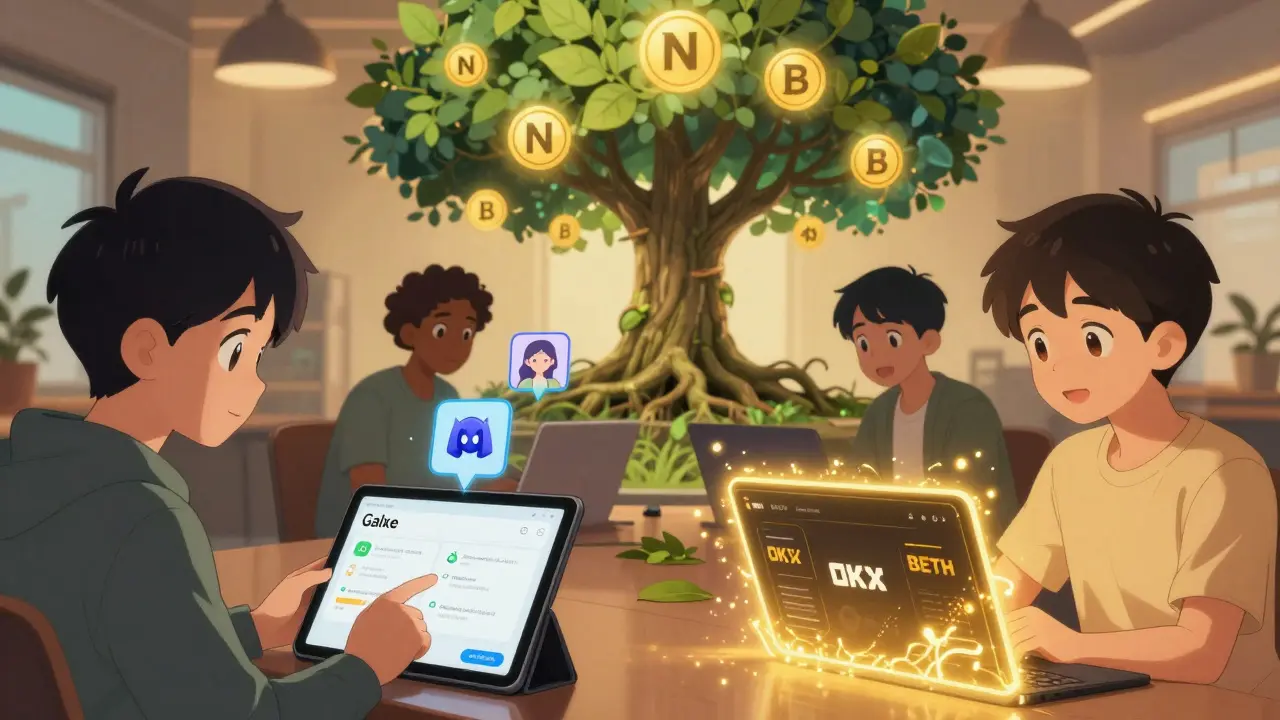 Diverse users completing airdrop tasks as a blockchain tree sprouts NYM tokens in anime style.