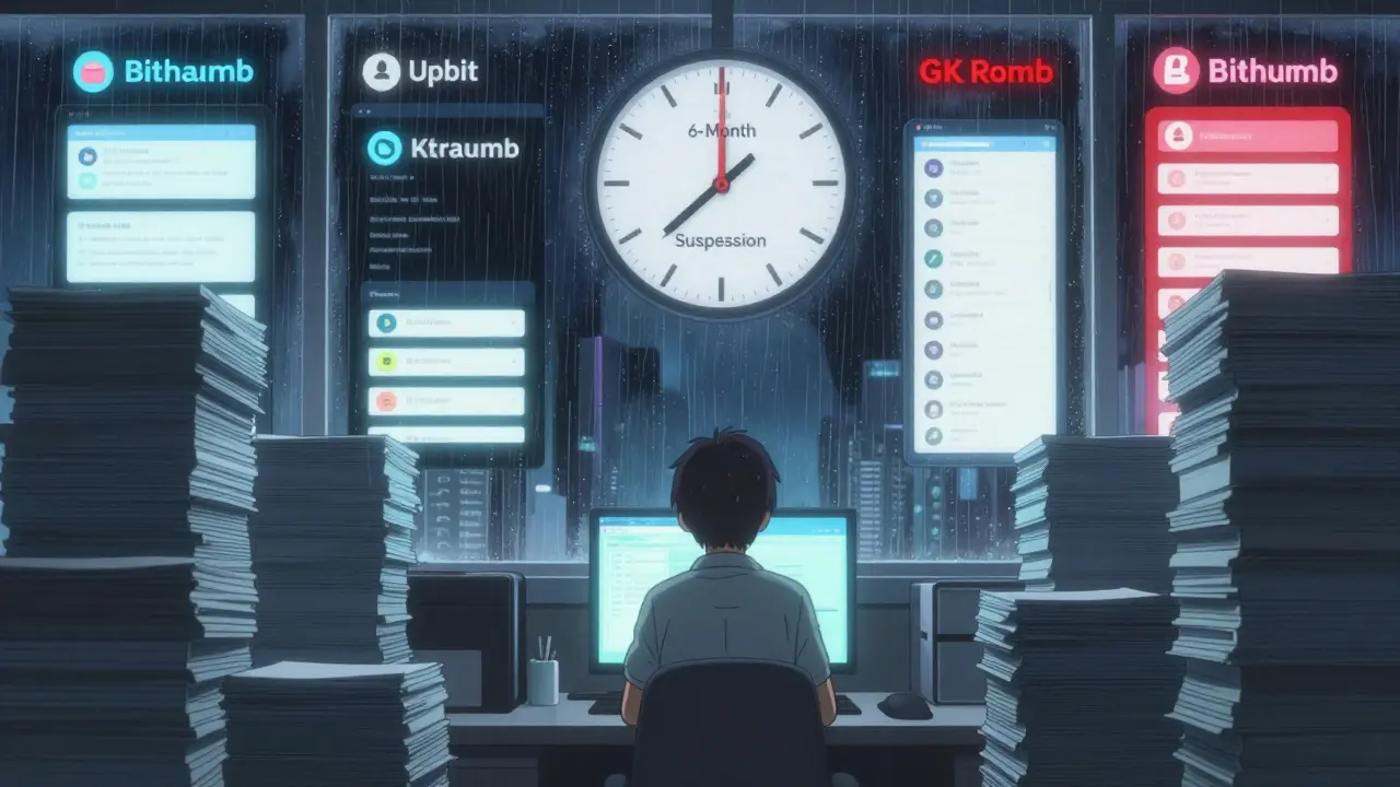 Employee surrounded by unverified IDs under a suspension clock, anime style