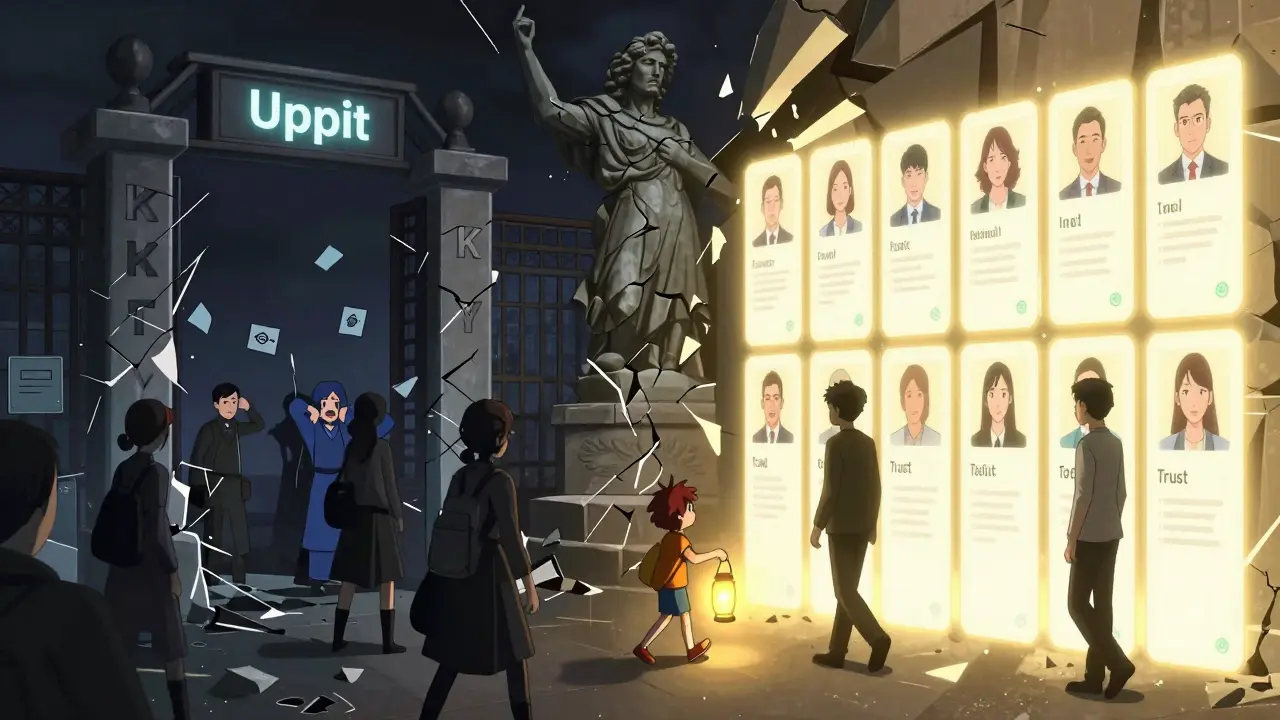 Fractured crypto world: chaotic Upbit side vs clean verified users, anime style