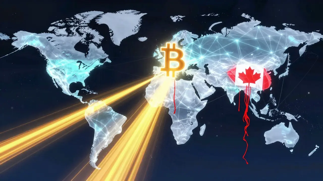 Global Bitcoin hash rate network with strong energy streams from stable countries and fading threads from Kazakhstan.