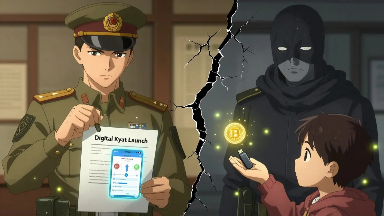 Government digital kyat app vs. activist handing crypto to a child, divided by a cracked border.