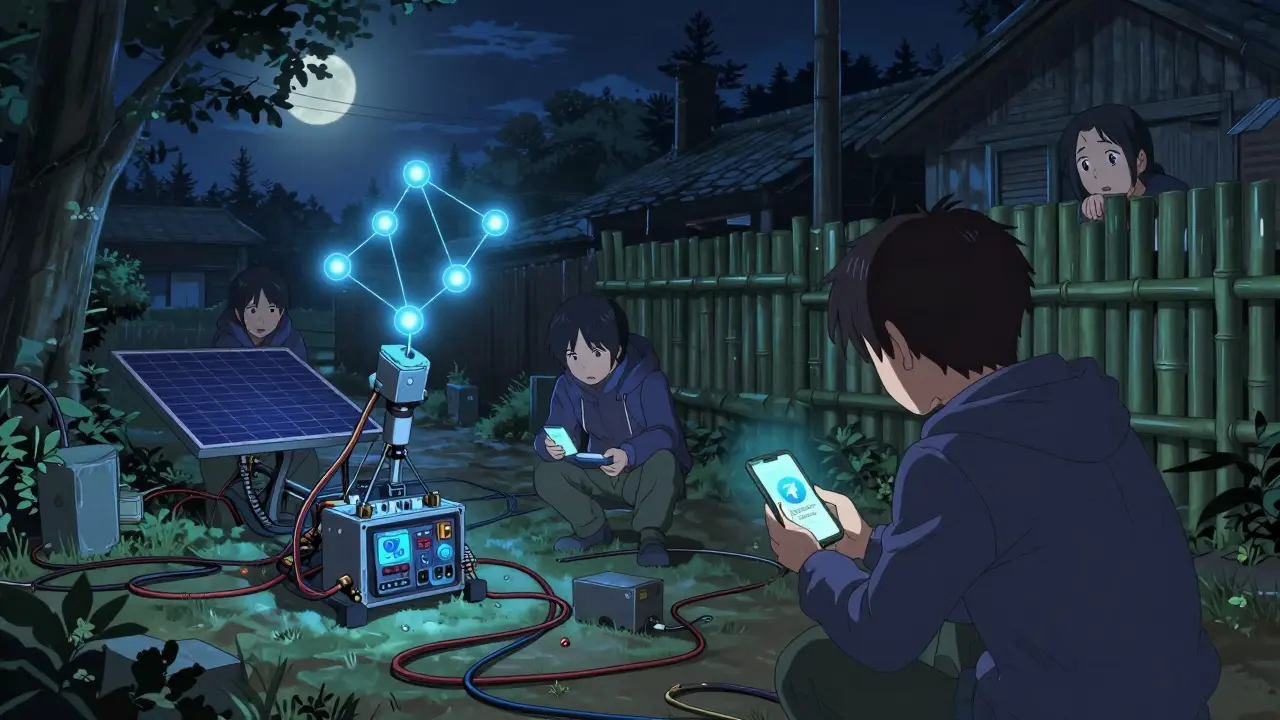 Hidden miners power crypto rigs with solar panels at night, glowing networks pulsing in the dark.