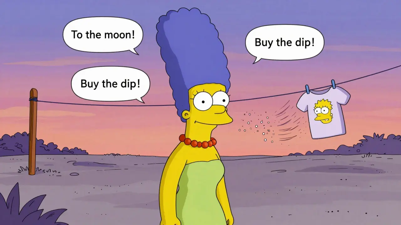 Marge's face fading into pixels, surrounded by empty chat messages, a T-shirt blowing in a desolate landscape.