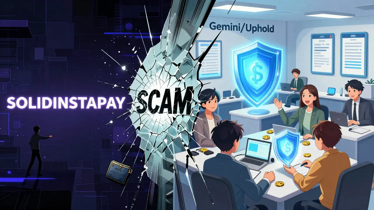 Split scene: a dark scam exchange vs. a bright, secure regulated exchange in anime style.