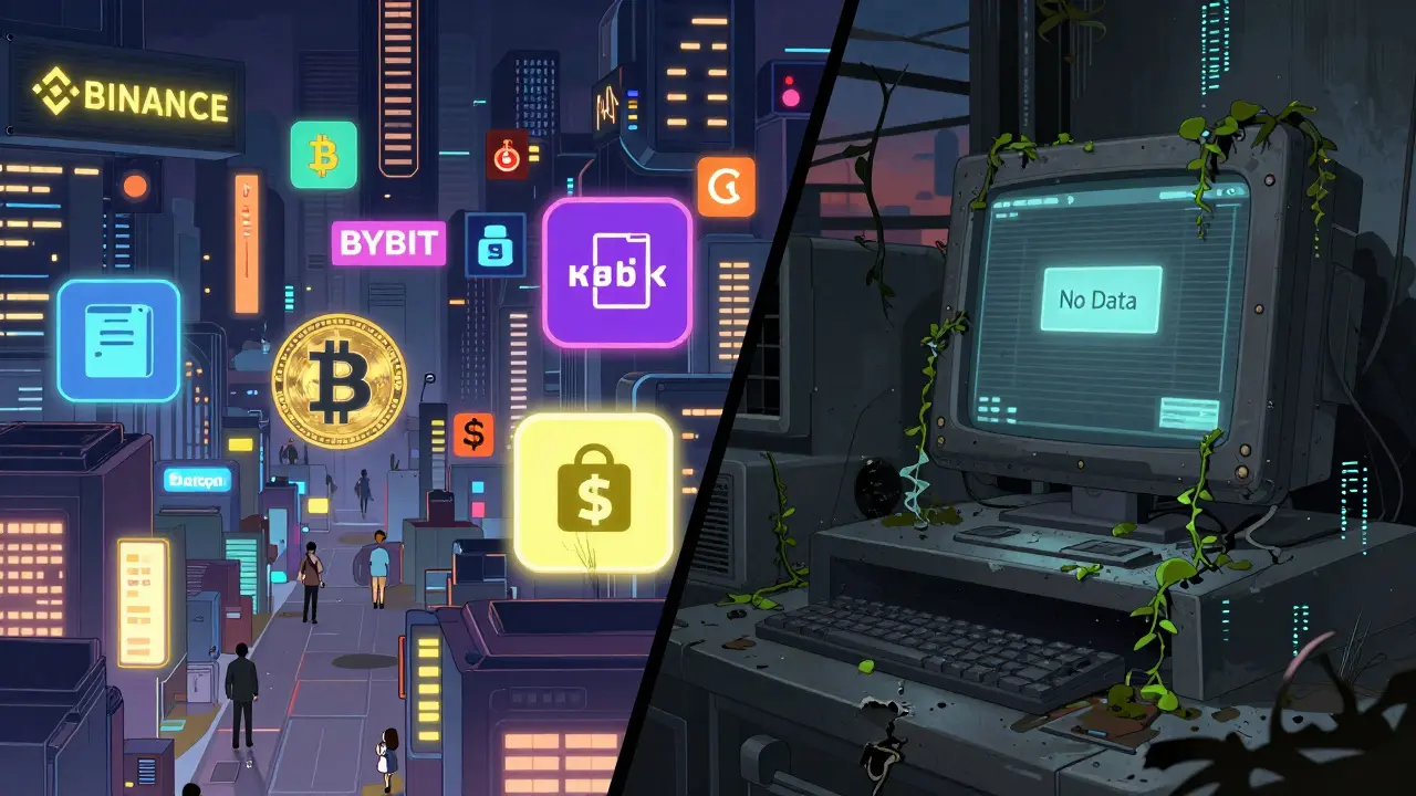 Split scene: vibrant active crypto platforms vs. a dusty, abandoned Daybit terminal in decay.