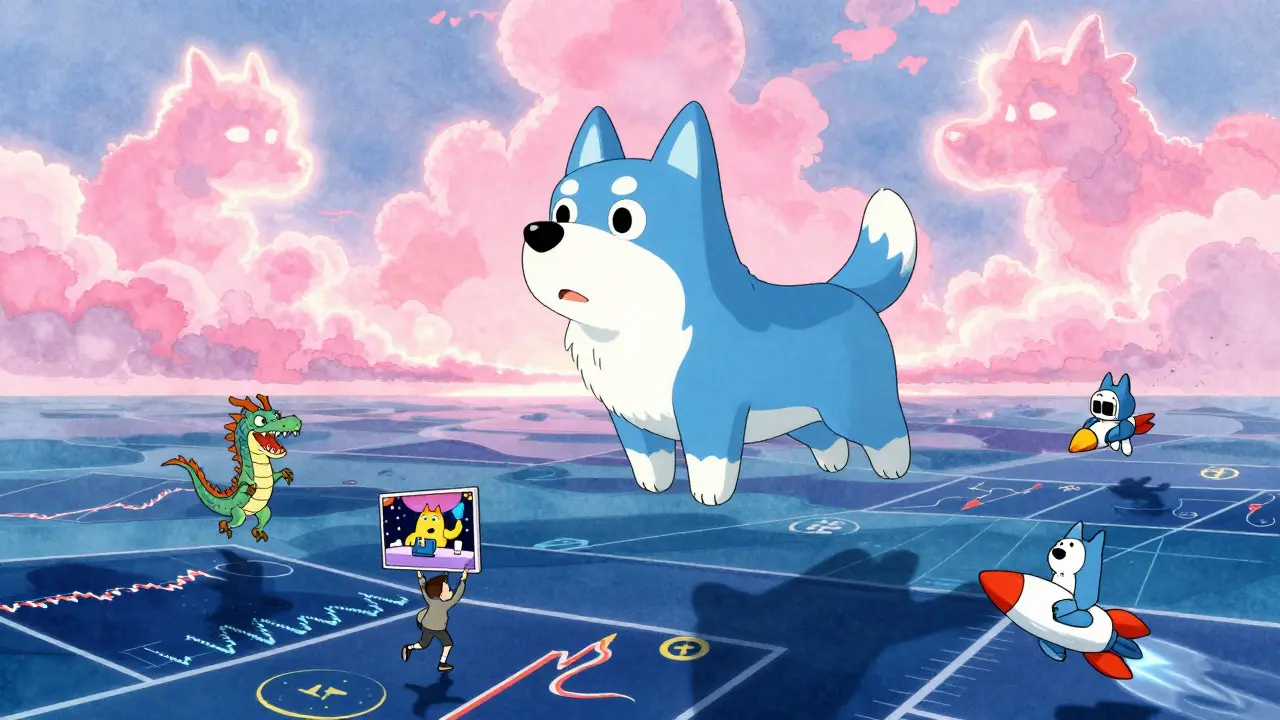 The blue dog floats above a sea of trading charts, with animated shorts rising into a pink-clouded sky in anime style.