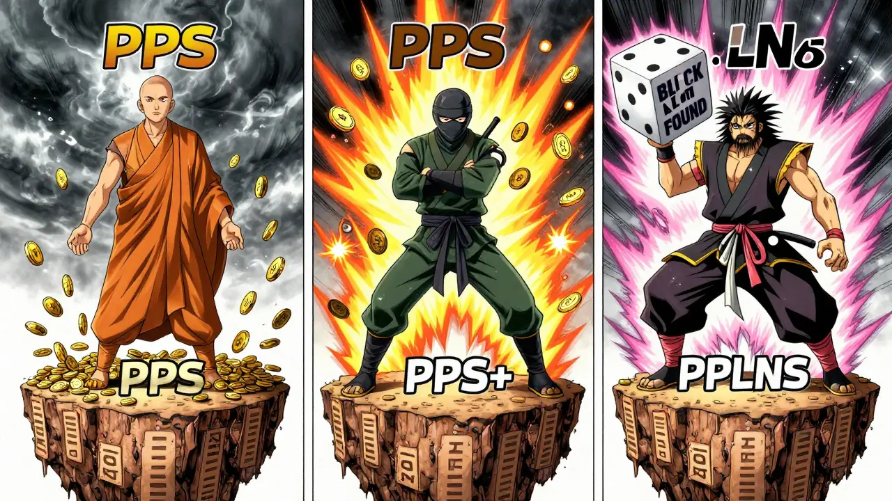 Three anime-style warriors representing PPS, PPS+, and PPLNS payout methods in battle.