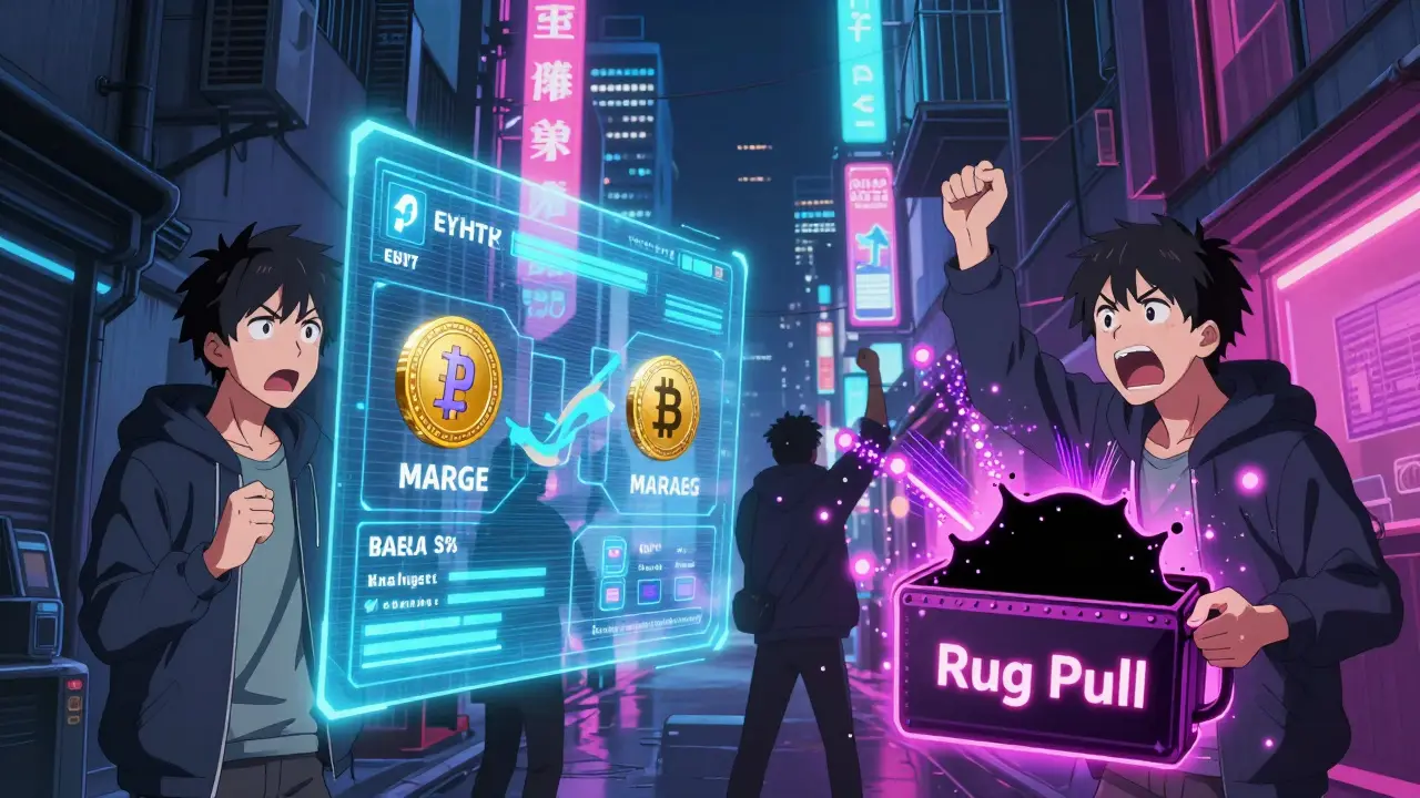 Traders in a neon alley exchanging crypto tokens on holographic screens, one losing everything to a black hole.