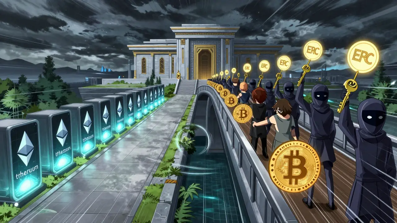 Two paths in a DeFi temple: one for native ETH, another for wrapped tokens guarded by custodians.