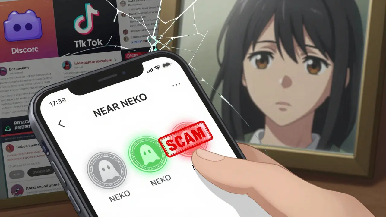 Wallet interface showing three NEKO tokens with contract addresses; one marked as scam, one legitimate.