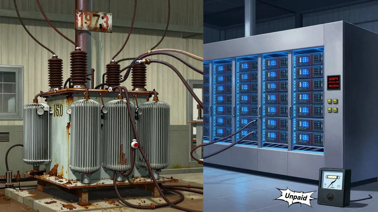 A 1970s-era transformer station on one side, overloaded by cables feeding into a modern crypto mining facility with digital power readouts showing 20% national consumption.