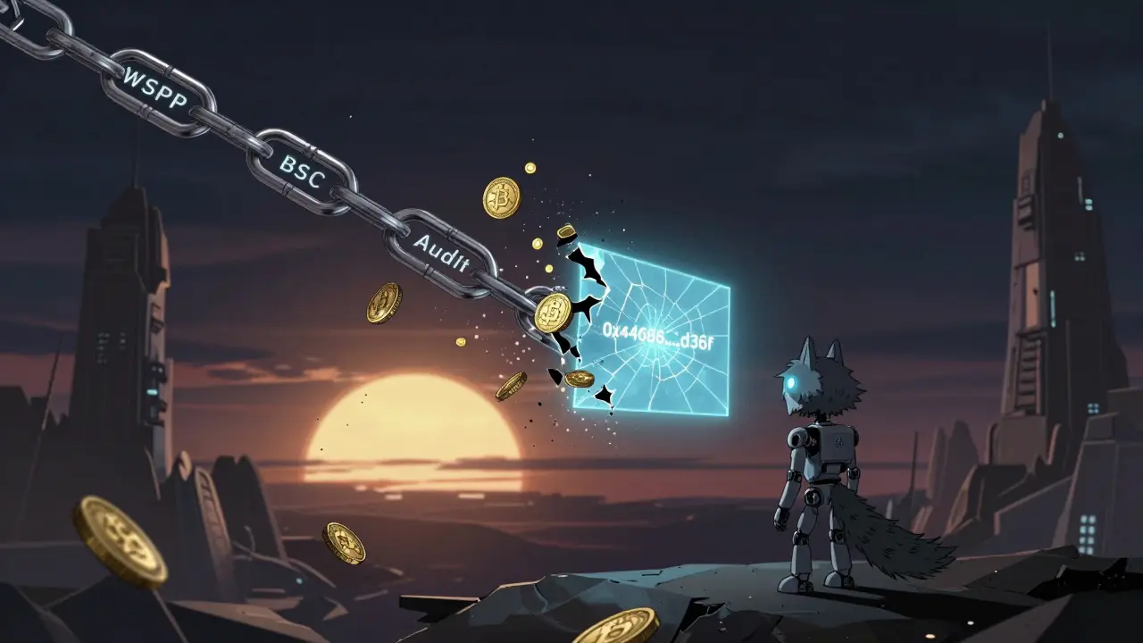 A broken blockchain chain crumbling in space with a robot wolf staring at a contract address.