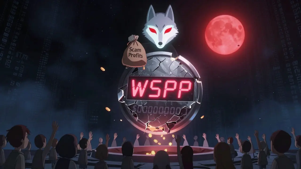A colossal worthless WSPP token crumbling as shadowy figures reach up, while a wolf mask hoards stolen coins.