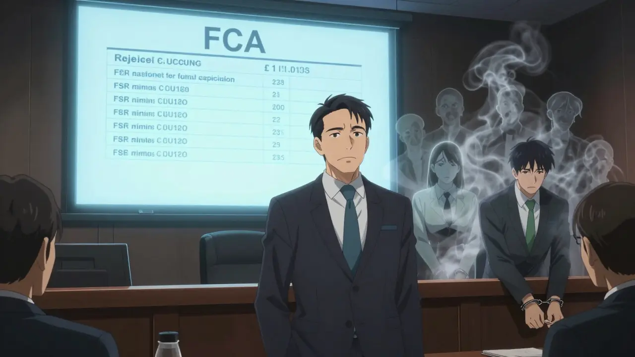 A crypto CEO in court facing massive fines and a rejected application as ghostly failed firms fade away behind them.