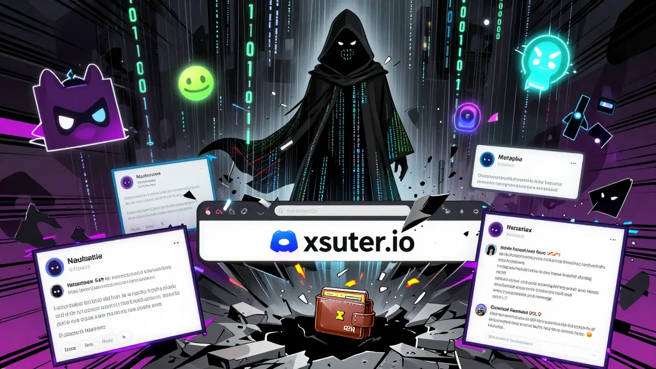 A digital cloak figure drains crypto from a crumbling fake website, while real projects glow safely in the background.