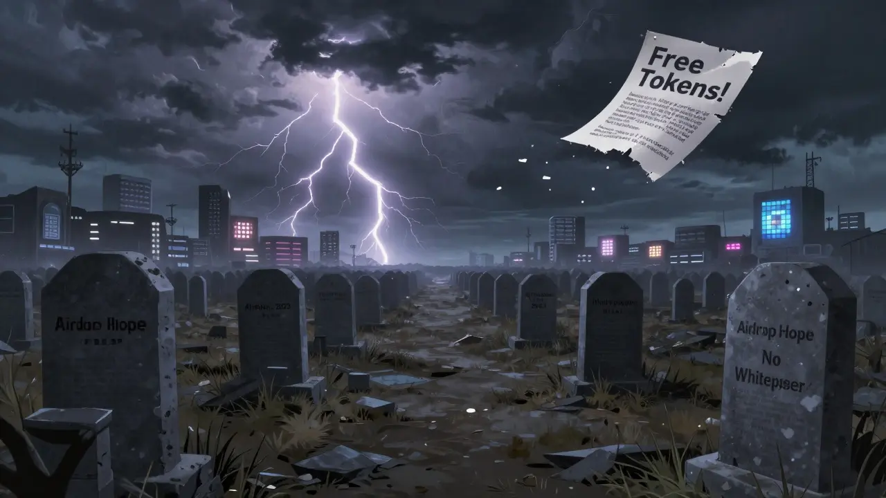 A digital graveyard of dead crypto tokens under a stormy sky, with a fading 'Free Tokens!' flyer blowing away.