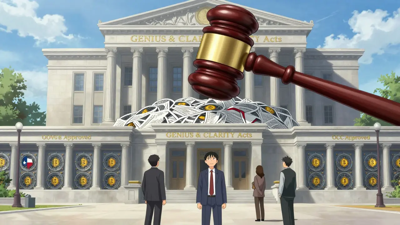 A federal gavel descending on a web of state crypto laws while banks safely custody Bitcoin.