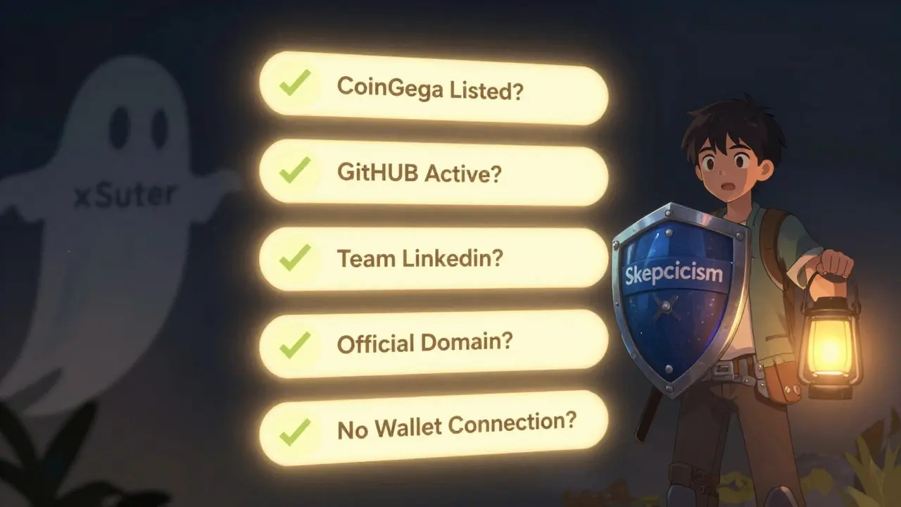 A glowing checklist for verifying real airdrops, with a fading xSuter ghost, symbolizing caution and verification.