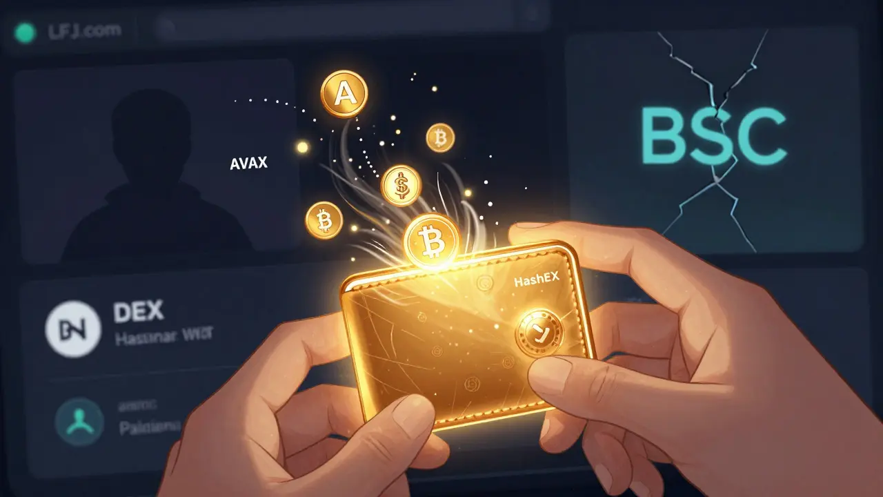 A glowing wallet connecting to an Avalanche DEX with audit seals glowing protectively in the background.