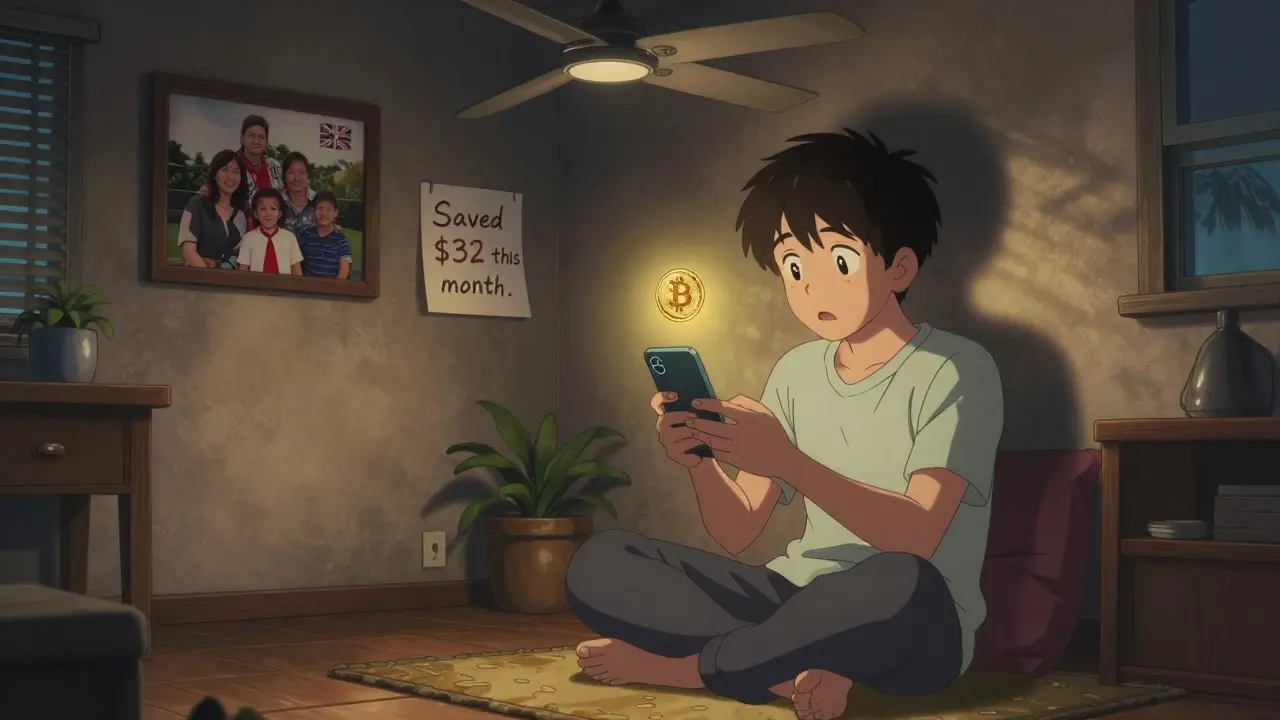 A Nigerian freelancer receives crypto payment on their phone at home, family photo on wall, warm phone light illuminating their face.