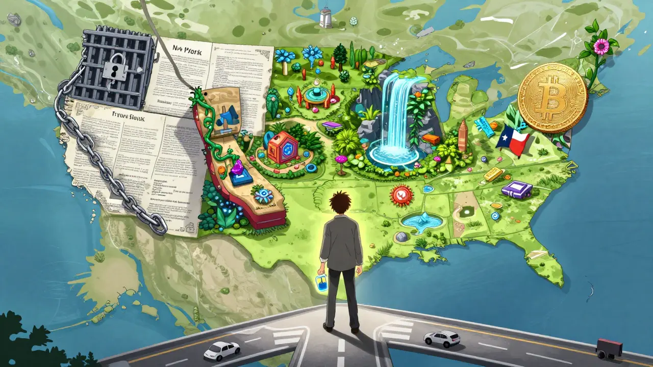 A person standing at a crossroads of U.S. states, each represented as a unique landscape for crypto rules.