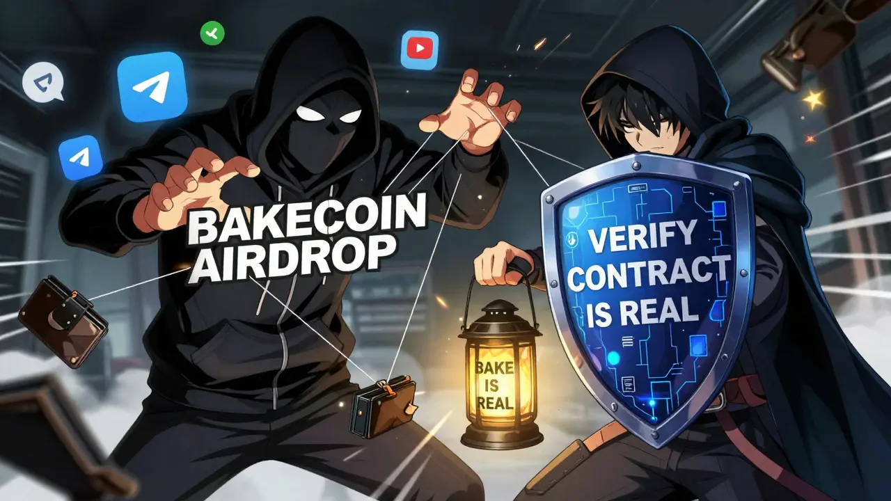 A scammer pulling strings to steal crypto while a hero defends with 'VERIFY CONTRACT' shield, in anime style.