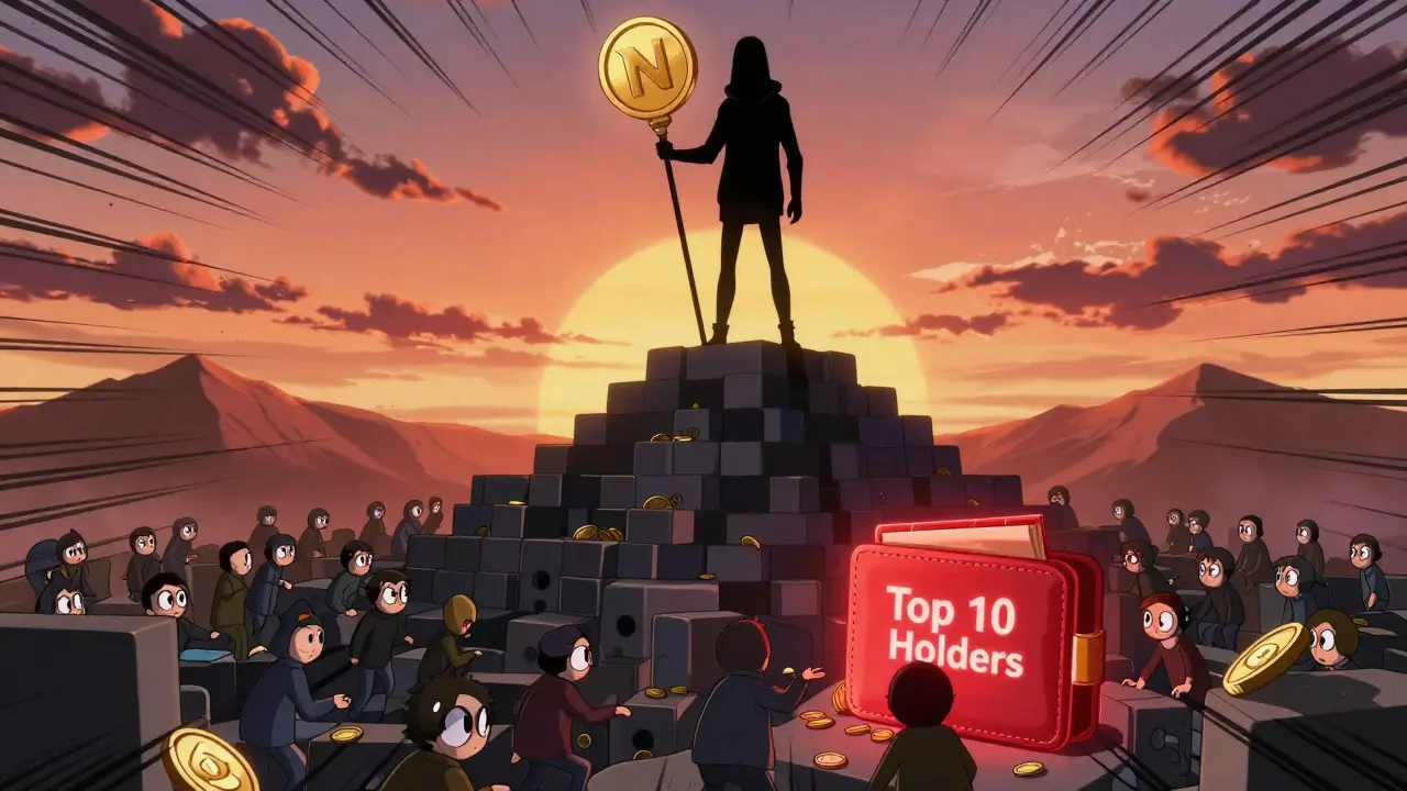 A shadowy figure holds a NATION token while traders scramble below in a blockchain landscape.