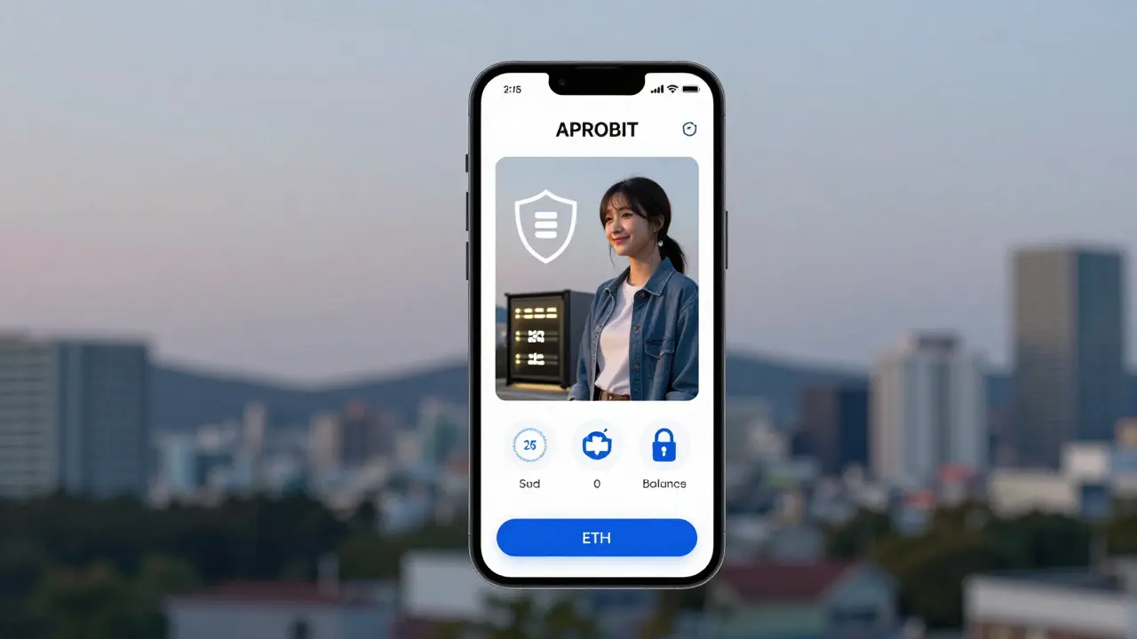 A user on a smartphone viewing APROBIT's clean interface with security icons glowing softly.