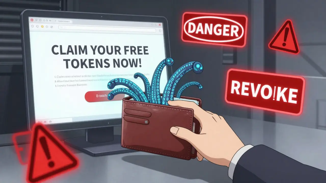 A wallet being drained by binary code tentacles from a fake 'CLAIM YOUR FREE TOKENS' website, with warning symbols around it.
