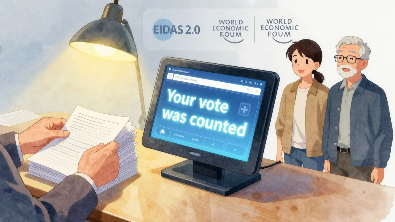 A young and elderly voter side-by-side, one using paper ballots, the other a digital blockchain receipt, in anime style.