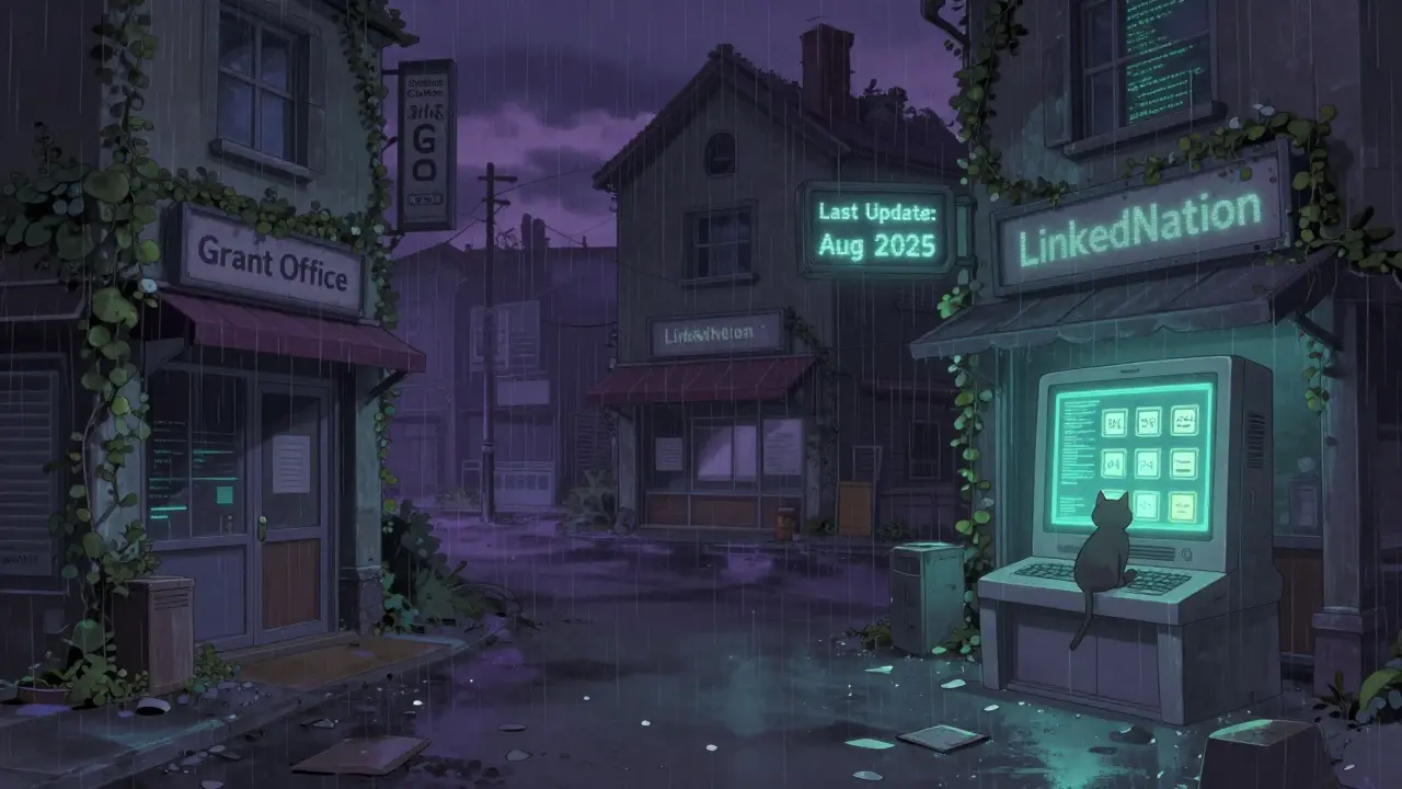 An abandoned digital town named LinkedNation with broken signs and a lone cat on a terminal.