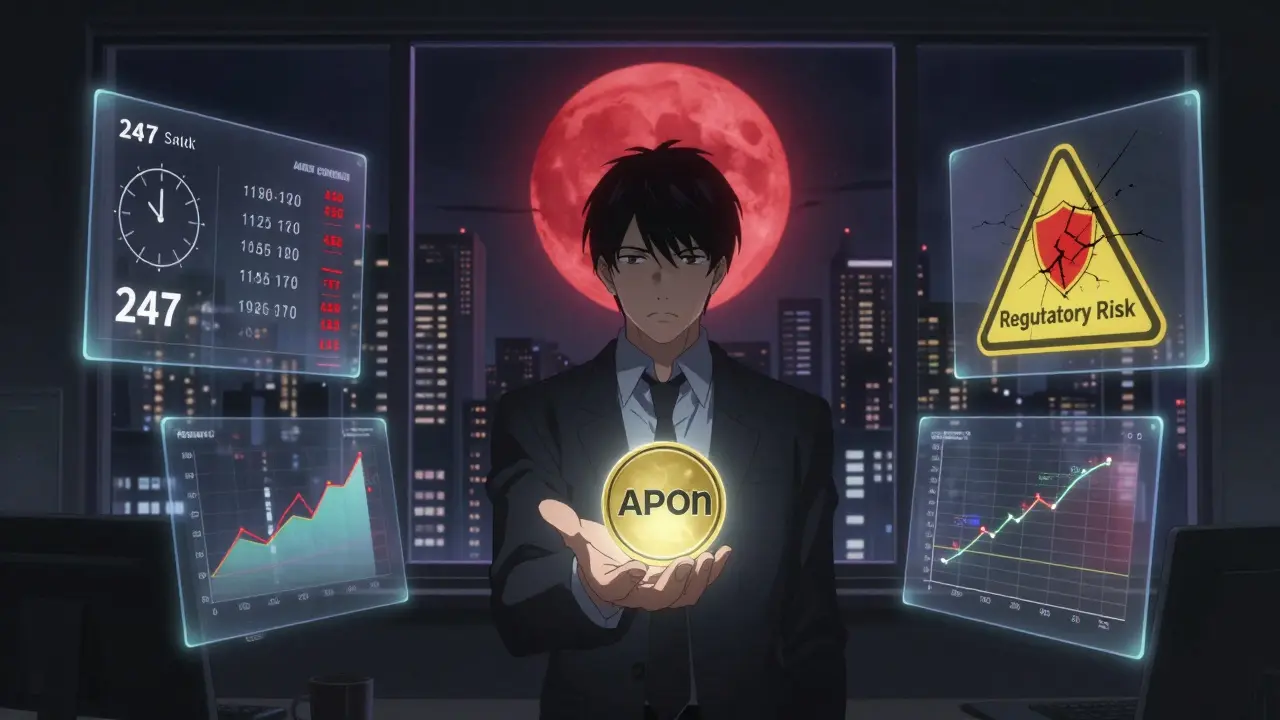 An investor in Tokyo holds a glowing APOon token as trading clocks and regulatory warnings float around them.