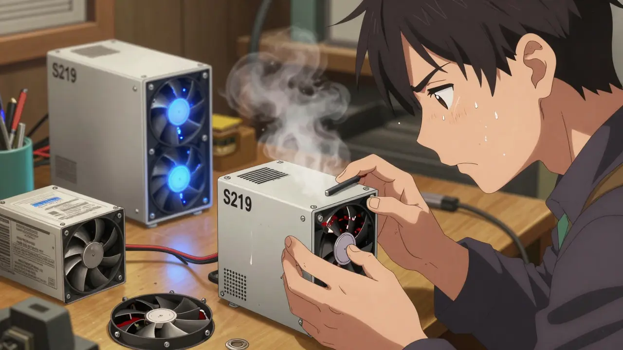 Anime close-up of miner struggling with broken used Antminer S9 parts in workshop