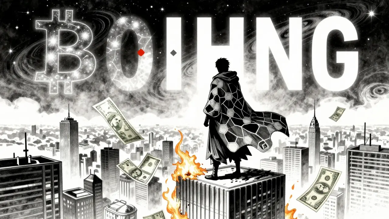 Bitcoin as a samurai atop a skyscraper as paper money burns below, with halving timer fading into stars.
