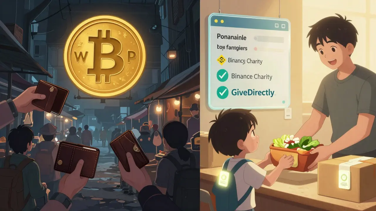 Contrasting scenes: left side shows crypto scam chaos, right side shows transparent charity aid with glowing ledger.