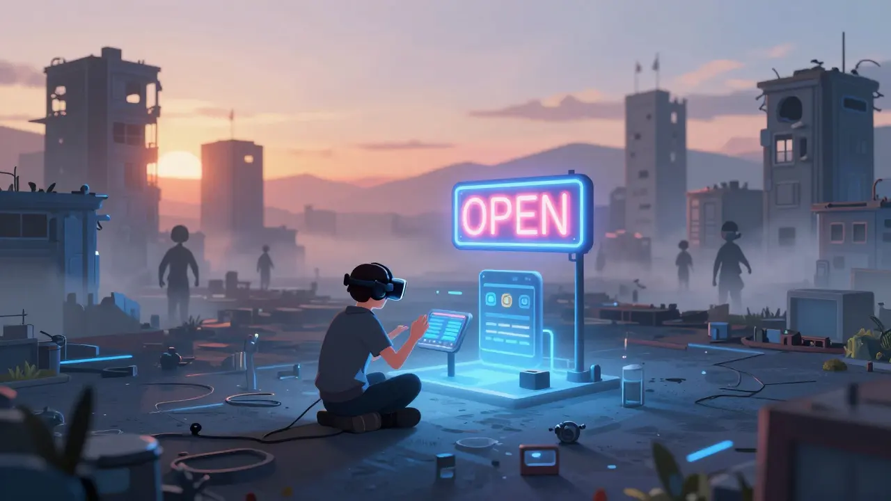 Developer building a small interactive game on empty virtual land, with ghostly abandoned structures fading behind as avatars approach.