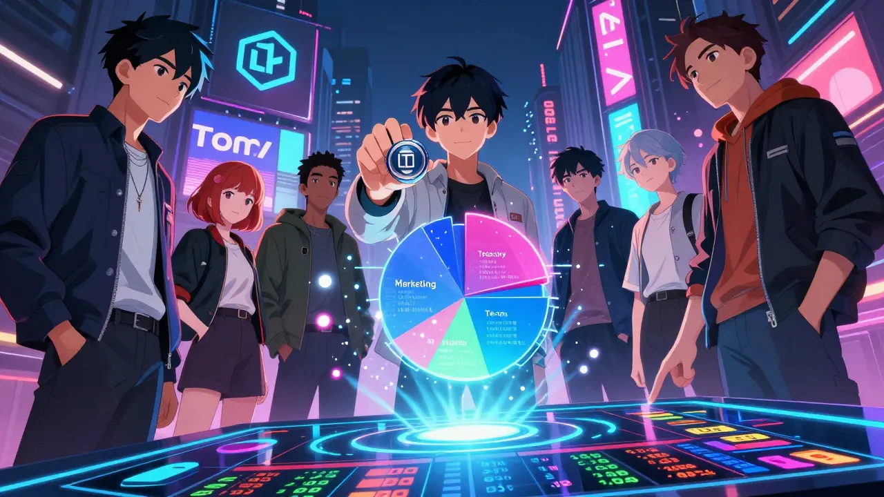 Diverse characters analyzing a 3D token allocation map with vesting timelines glowing around them.