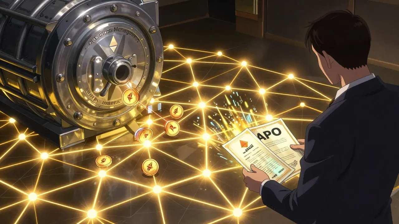 Ethereum blockchain lattice minting APOon tokens connected to a vault holding Apollo Global Management stock.